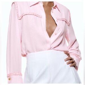 New Zara Contrast Textured Appliqué Long Sleeve Front Button Shirt Pastel Pink